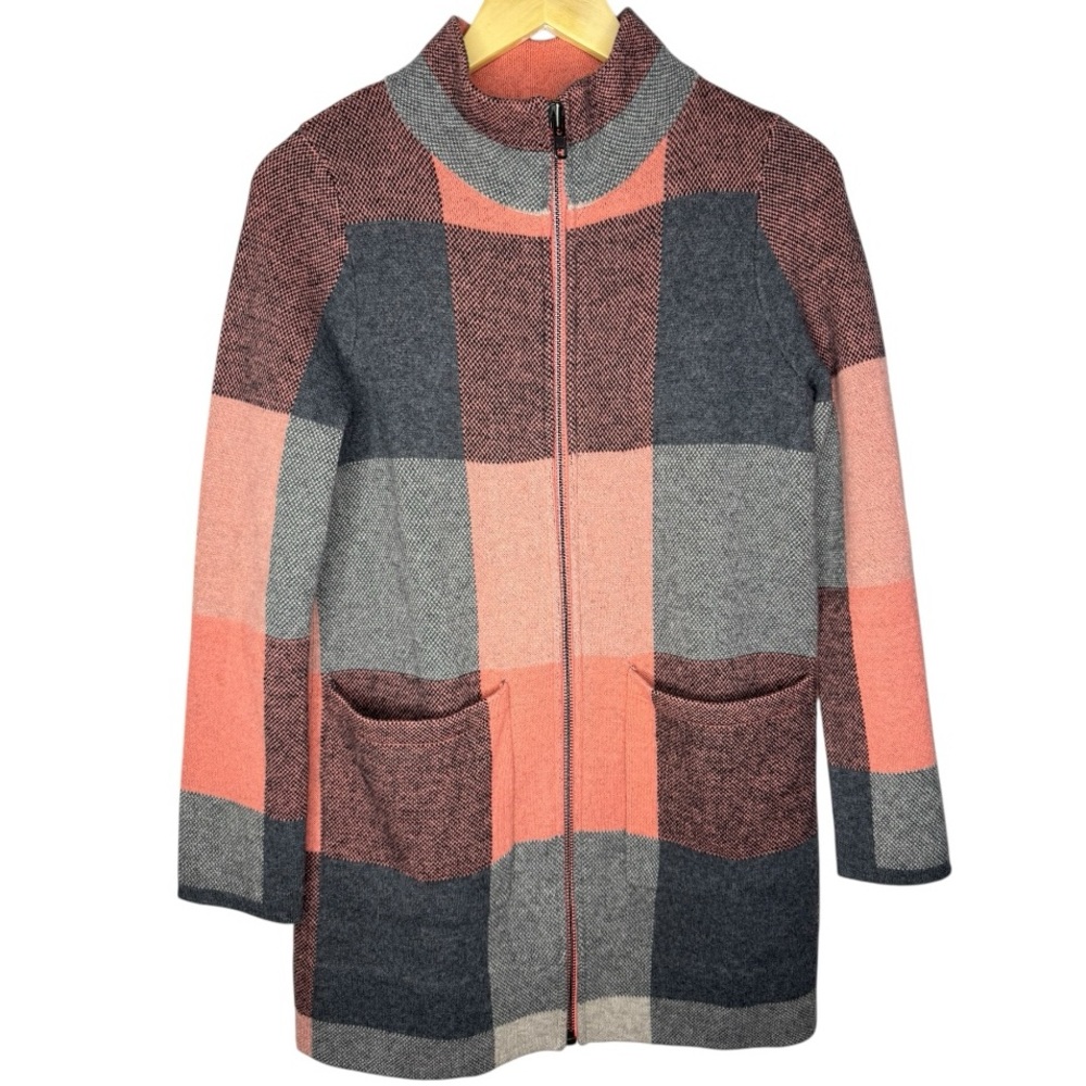 Anthropologie Field Flower Cozy Plaid Sweater Jacket - Coral, Gray, and Brown XS - Picture 2 of 5